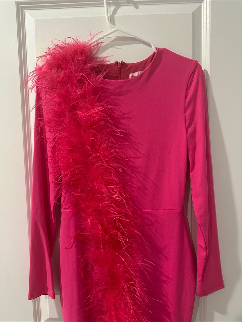 Club L London Hot Pink Feather-Trim Long Sleeve Midi Dress - Picture 5 of 9